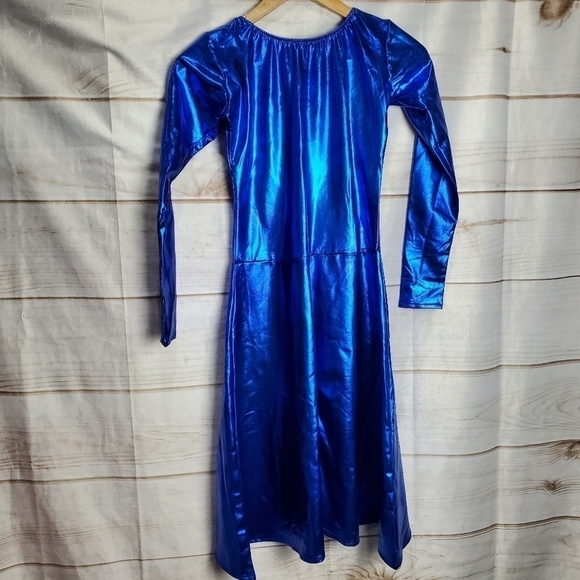 New Metallic Blue Bright Satin Stretch Fit Flare Dress Size Medium - Picture 5 of 10